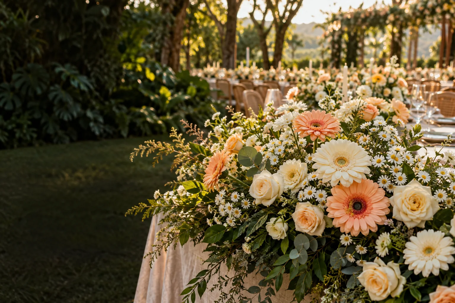 Inspiração de celebração ao ar livre com gérberas, rosas e ásteres
